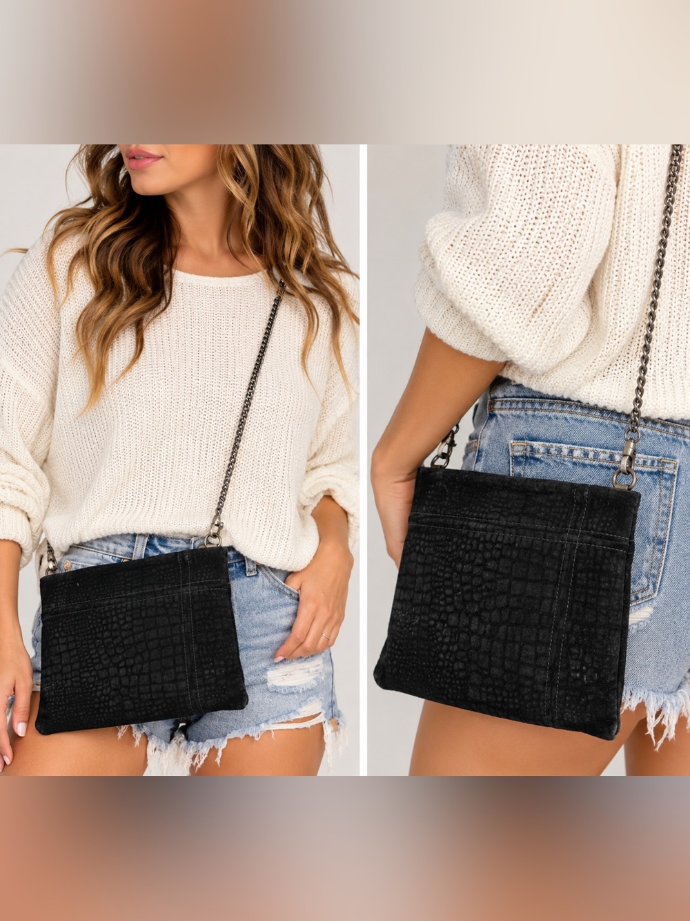 (#1) Free People Nicolette Croc-Embossed Suede Crossbody Bag – Black